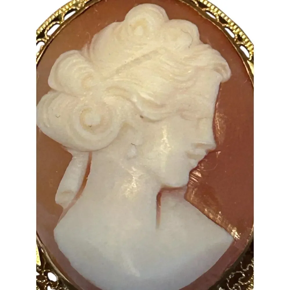 Vintage D’Abros Shell Cameo Brooch Pendant 12K Gold Filled Filigree Frame